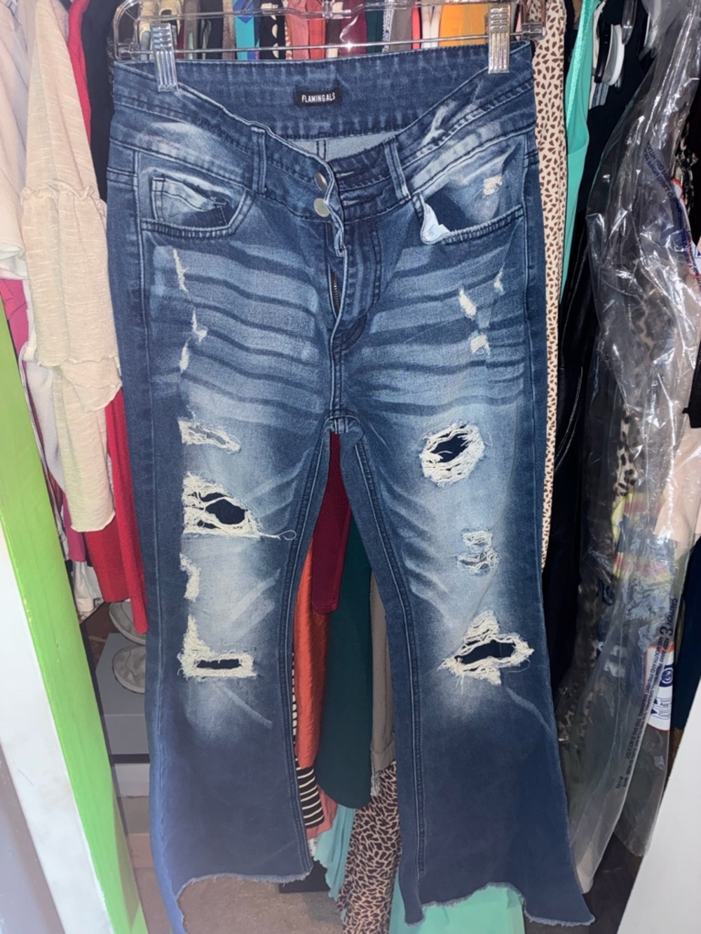 FLAMINGALS Distressed Dark Wash Flare Jeans